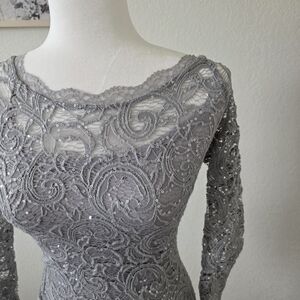 Sequin Hearts Silver-Gray Lace Long Sleeve Evening Dress